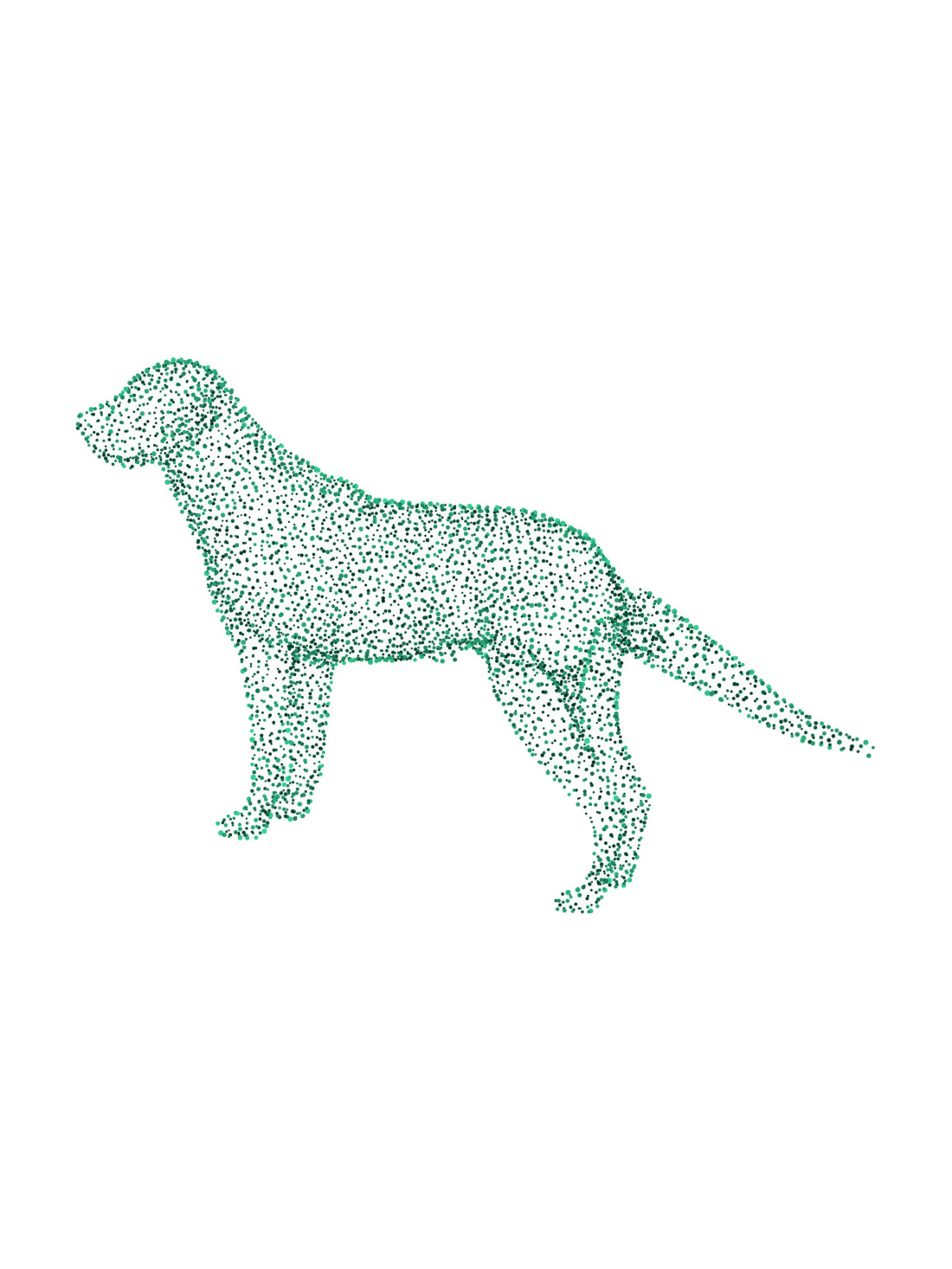 A dog rendered as a constellation of glowing emerald data points
